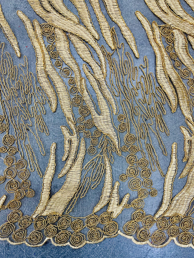 Katelyn GOLD Vines and Swirls Corded Embroidery on Mesh Fabric by the Yard - 10045
