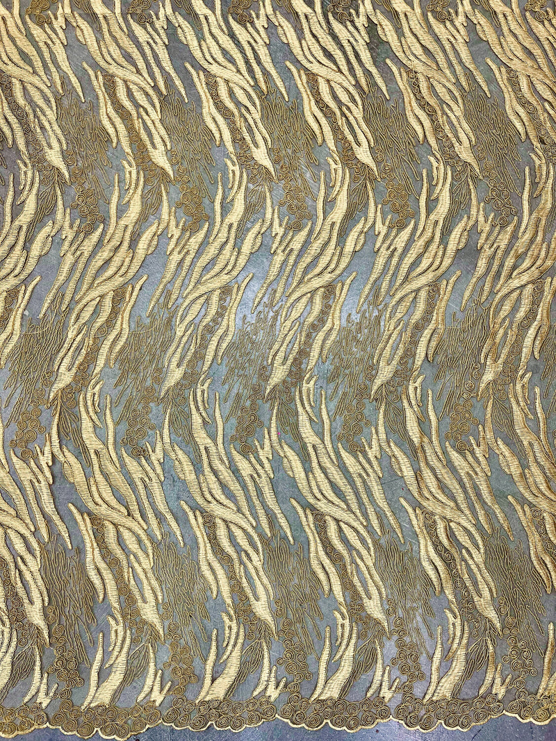 Katelyn GOLD Vines and Swirls Corded Embroidery on Mesh Fabric by the Yard - 10045