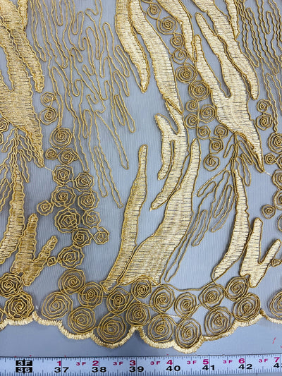 Katelyn GOLD Vines and Swirls Corded Embroidery on Mesh Fabric by the Yard - 10045