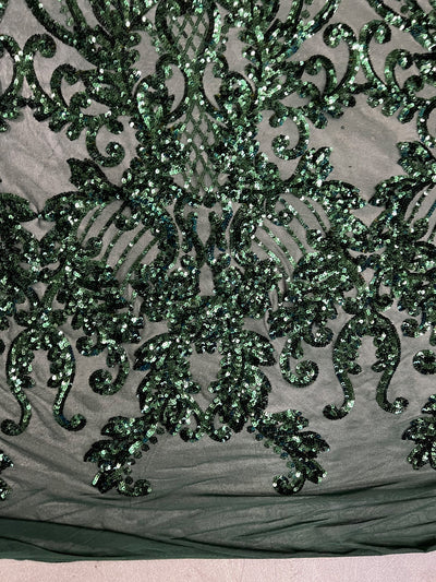 Angelica HUNTER GREEN Curlicues and Leaves Sequins on Mesh Lace Fabric by the Yard - 10132