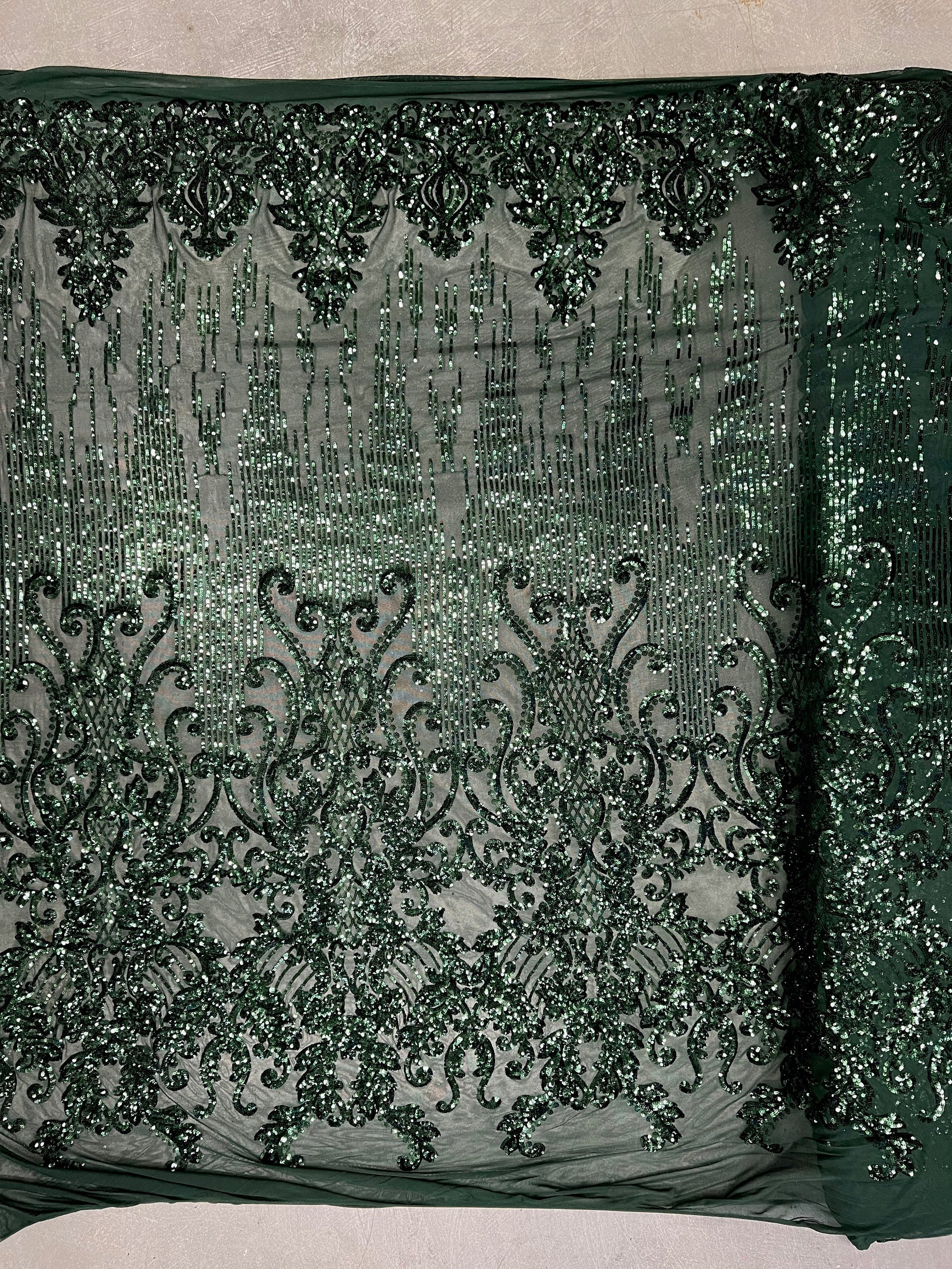 Angelica HUNTER GREEN Curlicues and Leaves Sequins on Mesh Lace Fabric by the Yard - 10132