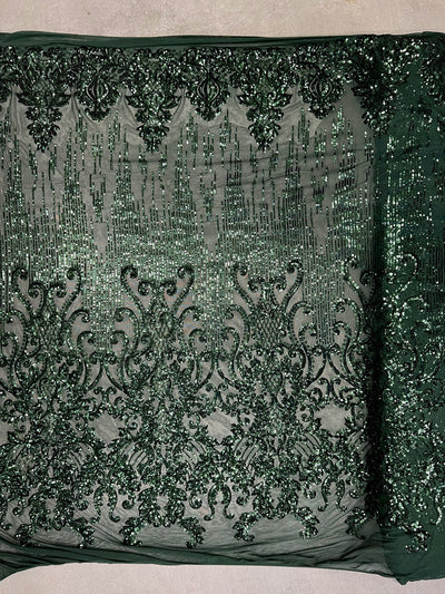 Angelica HUNTER GREEN Curlicues and Leaves Sequins on Mesh Lace Fabric by the Yard - 10132