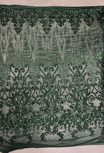 Angelica HUNTER GREEN Curlicues and Leaves Sequins on Mesh Lace Fabric by the Yard - 10132