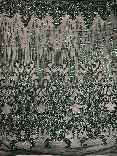 Angelica HUNTER GREEN Curlicues and Leaves Sequins on Mesh Lace Fabric by the Yard - 10132