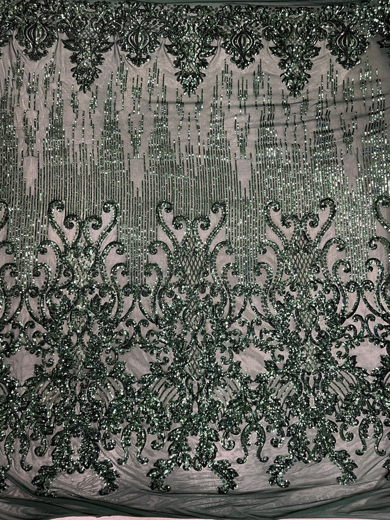 Angelica HUNTER GREEN Curlicues and Leaves Sequins on Mesh Lace Fabric by the Yard - 10132