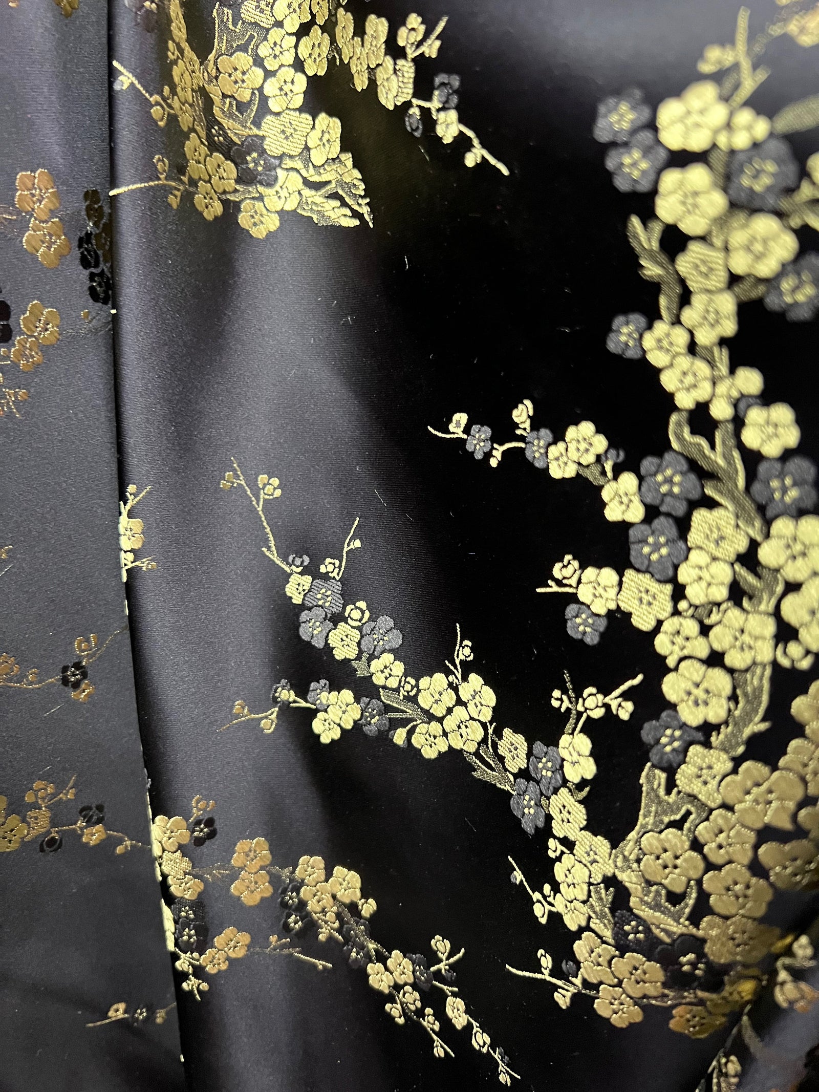 Kori BLACK GOLD Plum Blossom Floral Brocade Chinese Satin Fabric for Cheongsam/Qipao, Apparel, Costumes, Upholstery, Bags, Crafts - 10210