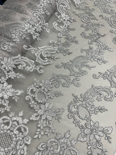 Elise GREY Polyester Corded Floral Embroidery on Mesh Lace Fabric by the Yard - 10029