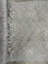 Elise GREY Polyester Corded Floral Embroidery on Mesh Lace Fabric by the Yard - 10029