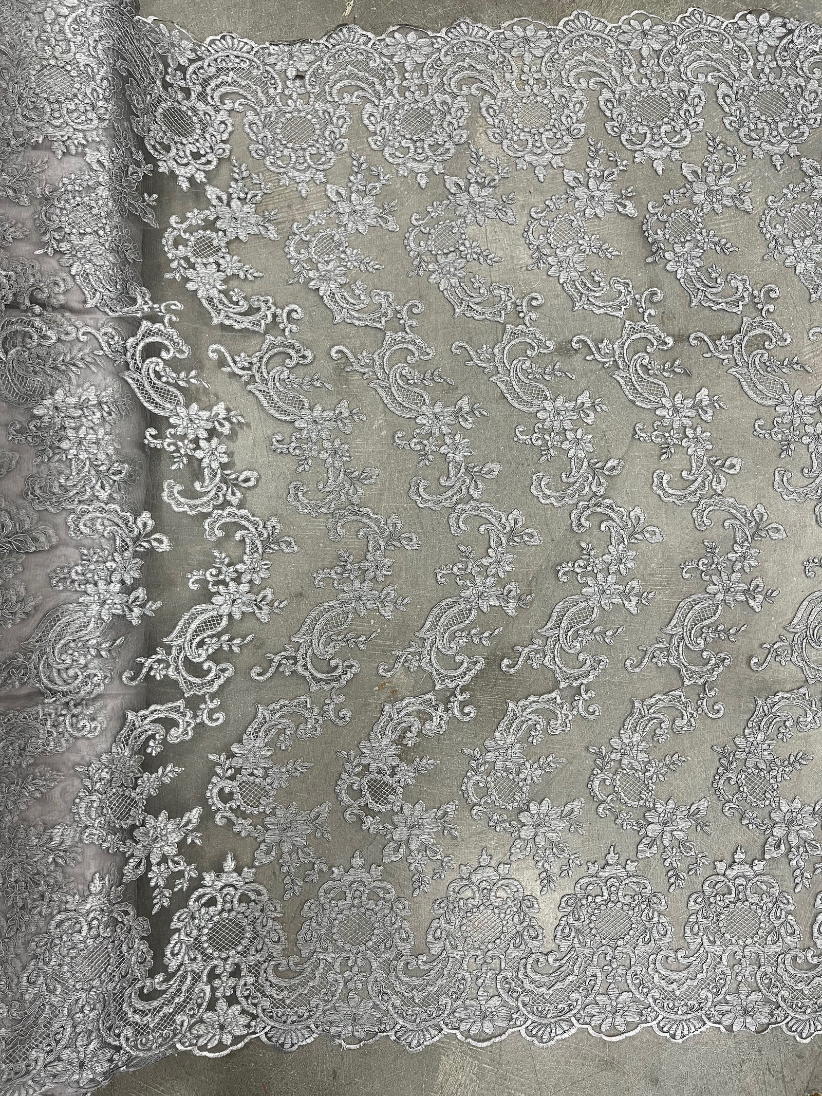 Elise GREY Polyester Corded Floral Embroidery on Mesh Lace Fabric by the Yard - 10029