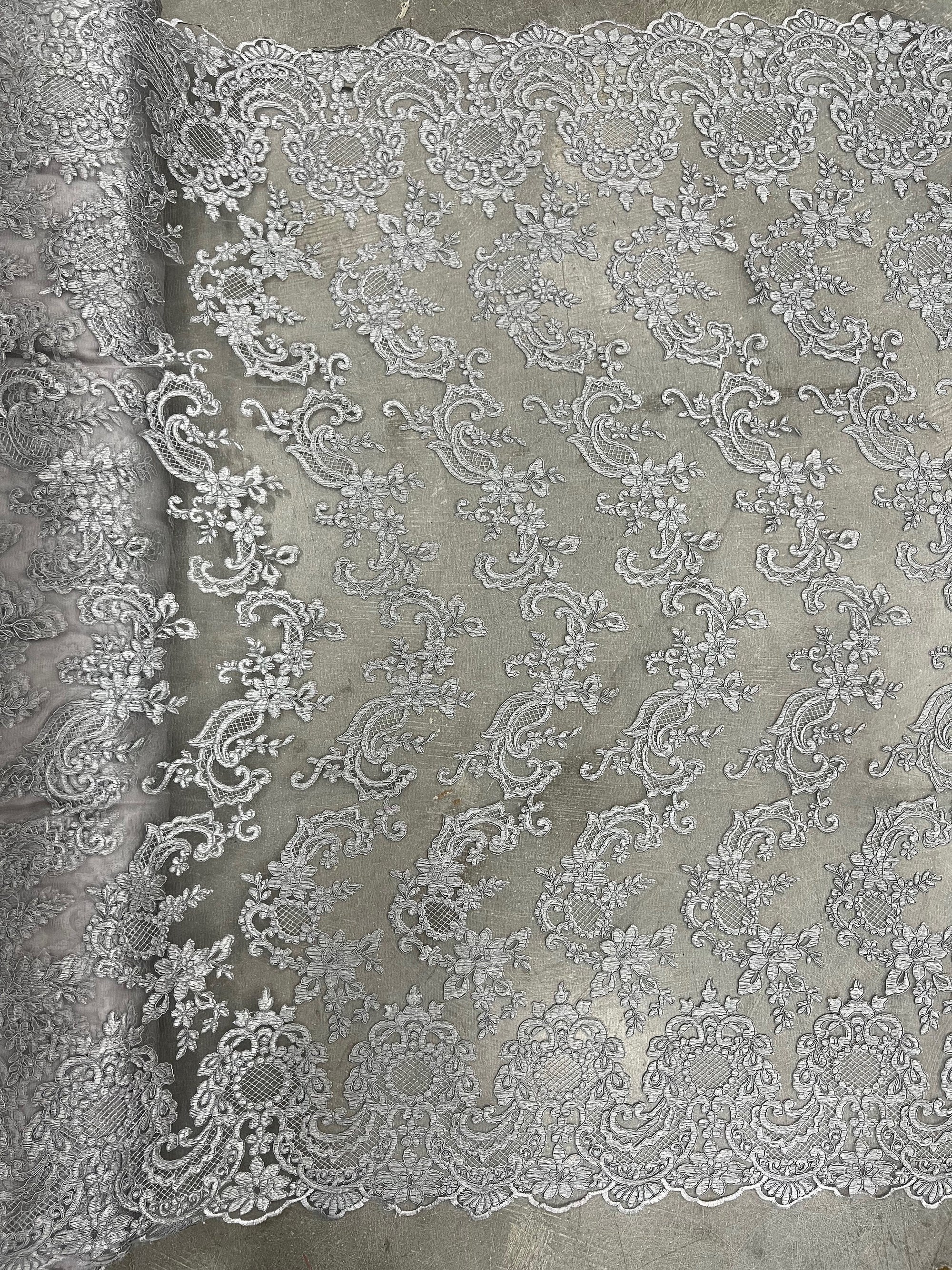 Elise GREY Polyester Corded Floral Embroidery on Mesh Lace Fabric by the Yard - 10029