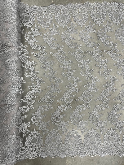 Elise GREY Polyester Corded Floral Embroidery on Mesh Lace Fabric by the Yard - 10029