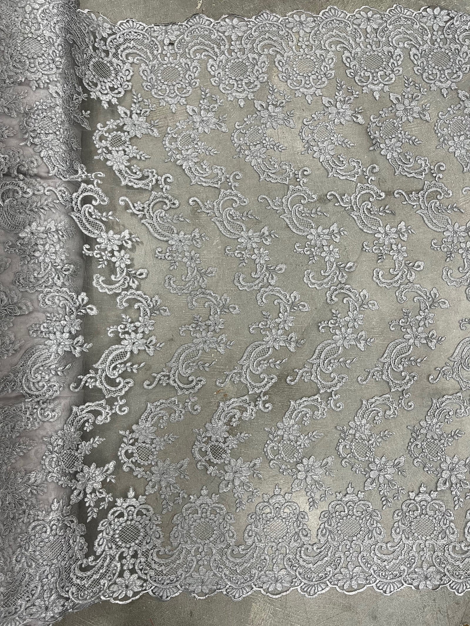 Elise GREY Polyester Corded Floral Embroidery on Mesh Lace Fabric by the Yard - 10029