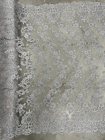 Elise GREY Polyester Corded Floral Embroidery on Mesh Lace Fabric by the Yard - 10029