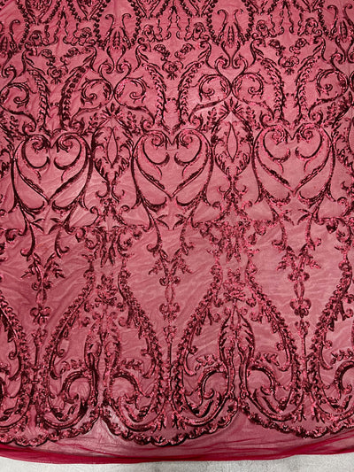 Esmeralda BURGUNDY Sequins on Mesh Lace Fabric by the Yard - 10102