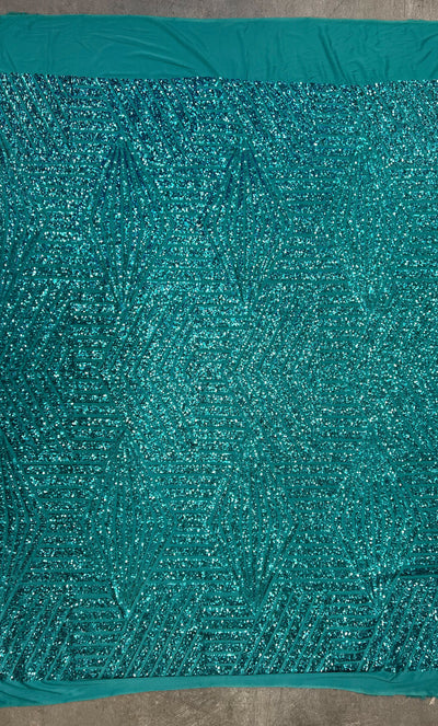 Thea TEAL Geometric Sequins Diamond & Stripes on Poly Spandex Fabric by the Yard - 10026