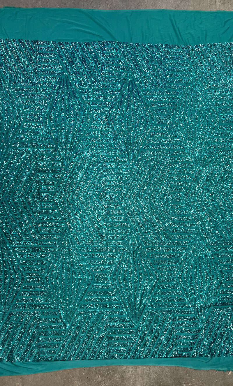 Thea TEAL Geometric Sequins Diamond & Stripes on Poly Spandex Fabric by the Yard - 10026