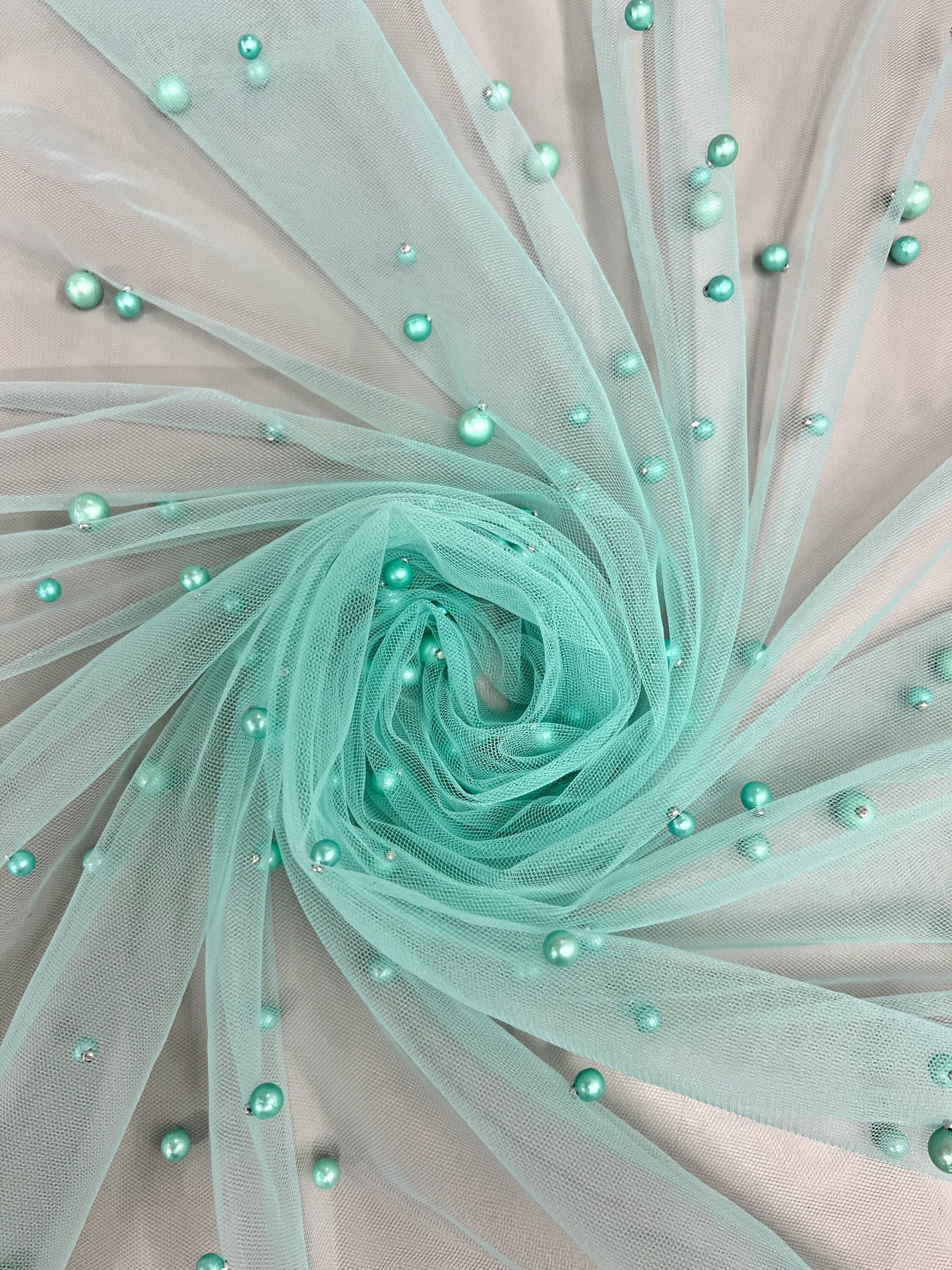 Queenie AQUA Faux Pearls on Soft Mesh Lace Fabric for Gowns, Evening Wear, Bridal Wear, Costumes, Crafts - 10199 NewFabricsDaily