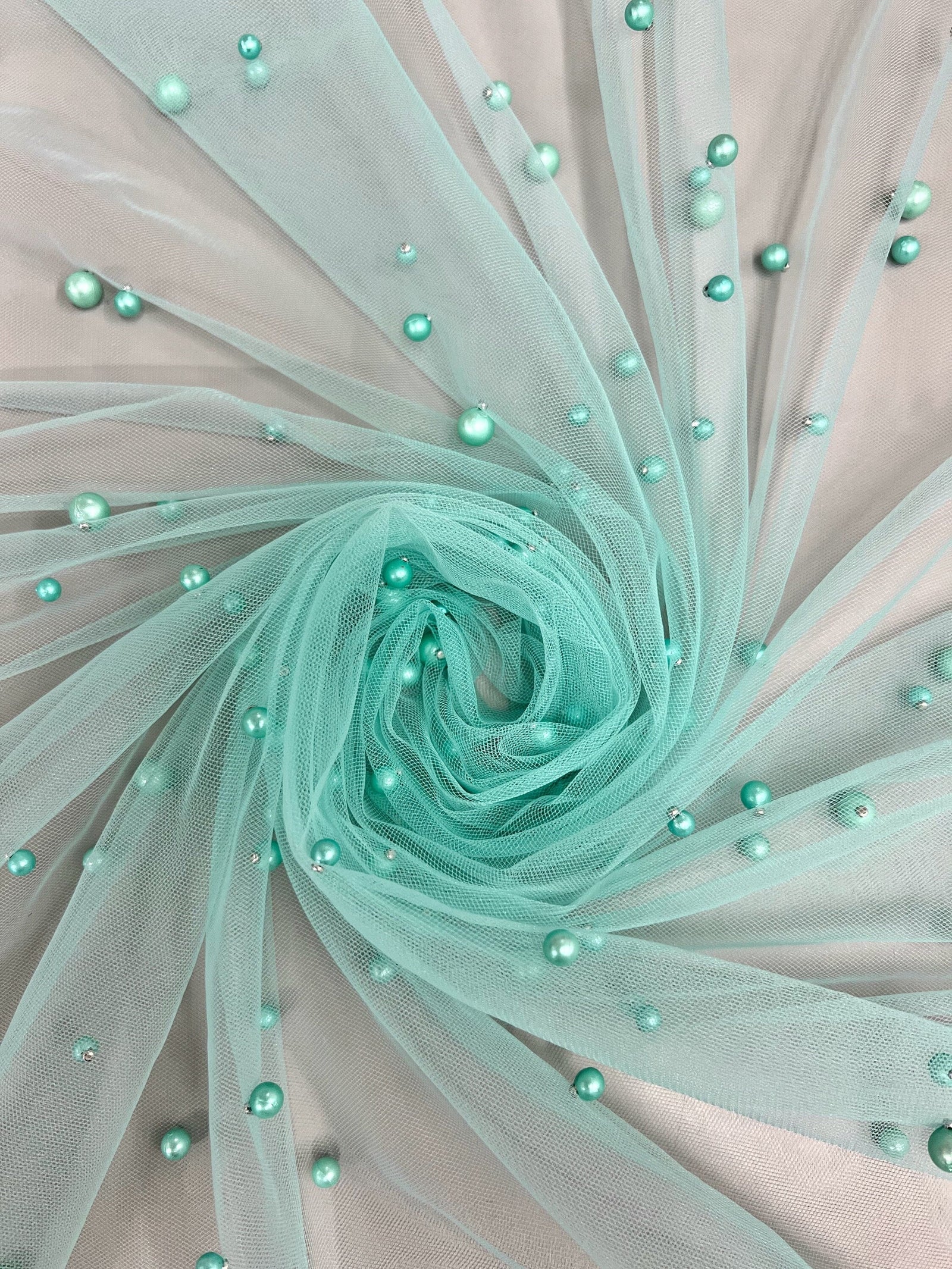 Queenie AQUA Faux Pearls on Soft Mesh Lace Fabric for Gowns, Evening Wear, Bridal Wear, Costumes, Crafts - 10199 NewFabricsDaily