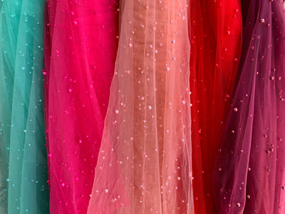 Queenie HOT PINK Faux Pearls on Soft Mesh Lace Fabric for Gowns, Evening Wear, Bridal Wear, Costumes, Crafts - 10199 NewFabricsDaily