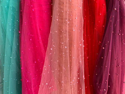 Queenie RED Faux Pearls on Soft Mesh Lace Fabric for Gowns, Evening Wear, Bridal Wear, Costumes, Crafts - 10199 NewFabricsDaily