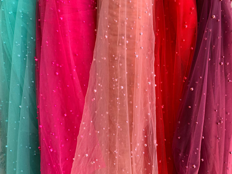 Queenie RED Faux Pearls on Soft Mesh Lace Fabric for Gowns, Evening Wear, Bridal Wear, Costumes, Crafts - 10199 NewFabricsDaily