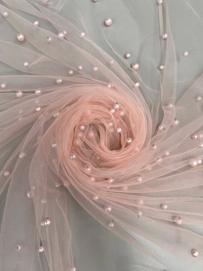 Queenie DUSTY ROSE Faux Pearls on Soft Mesh Lace Fabric for Gowns, Evening Wear, Bridal Wear, Costumes, Crafts - 10199 NewFabricsDaily