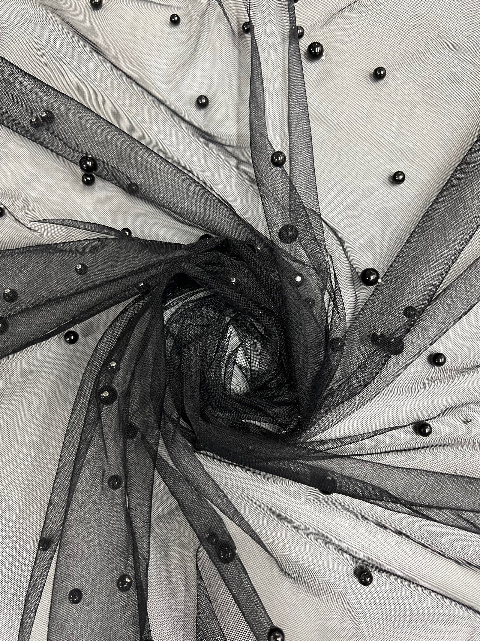 Queenie BLACK Faux Pearls on Soft Mesh Lace Fabric for Gowns, Evening Wear, Bridal Wear, Costumes, Crafts - 10199 NewFabricsDaily