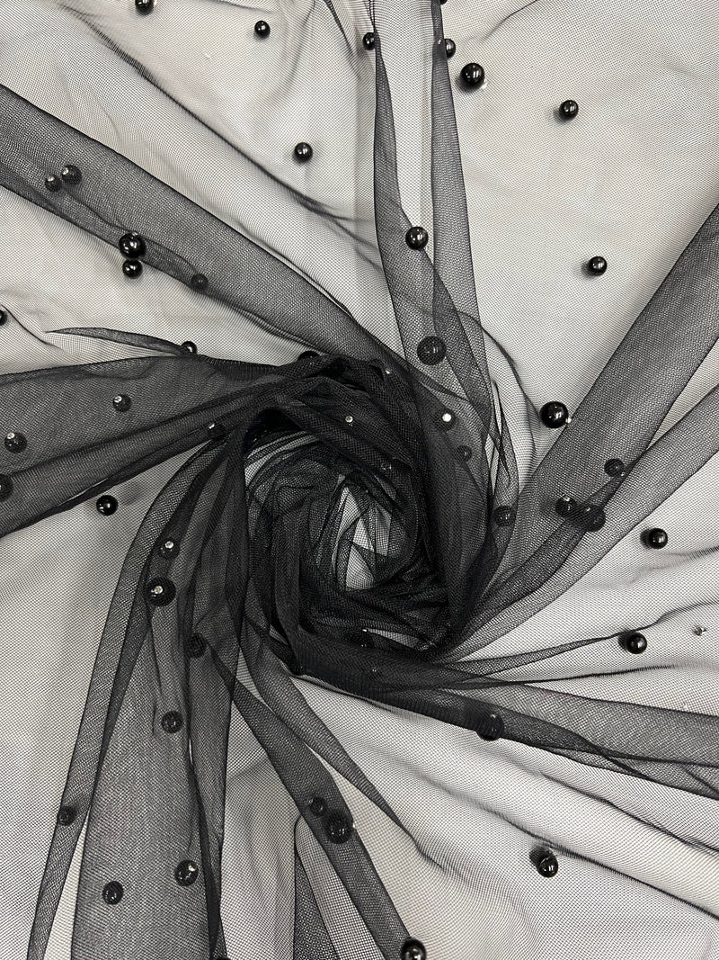 Queenie BLACK Faux Pearls on Soft Mesh Lace Fabric for Gowns, Evening Wear, Bridal Wear, Costumes, Crafts - 10199 NewFabricsDaily