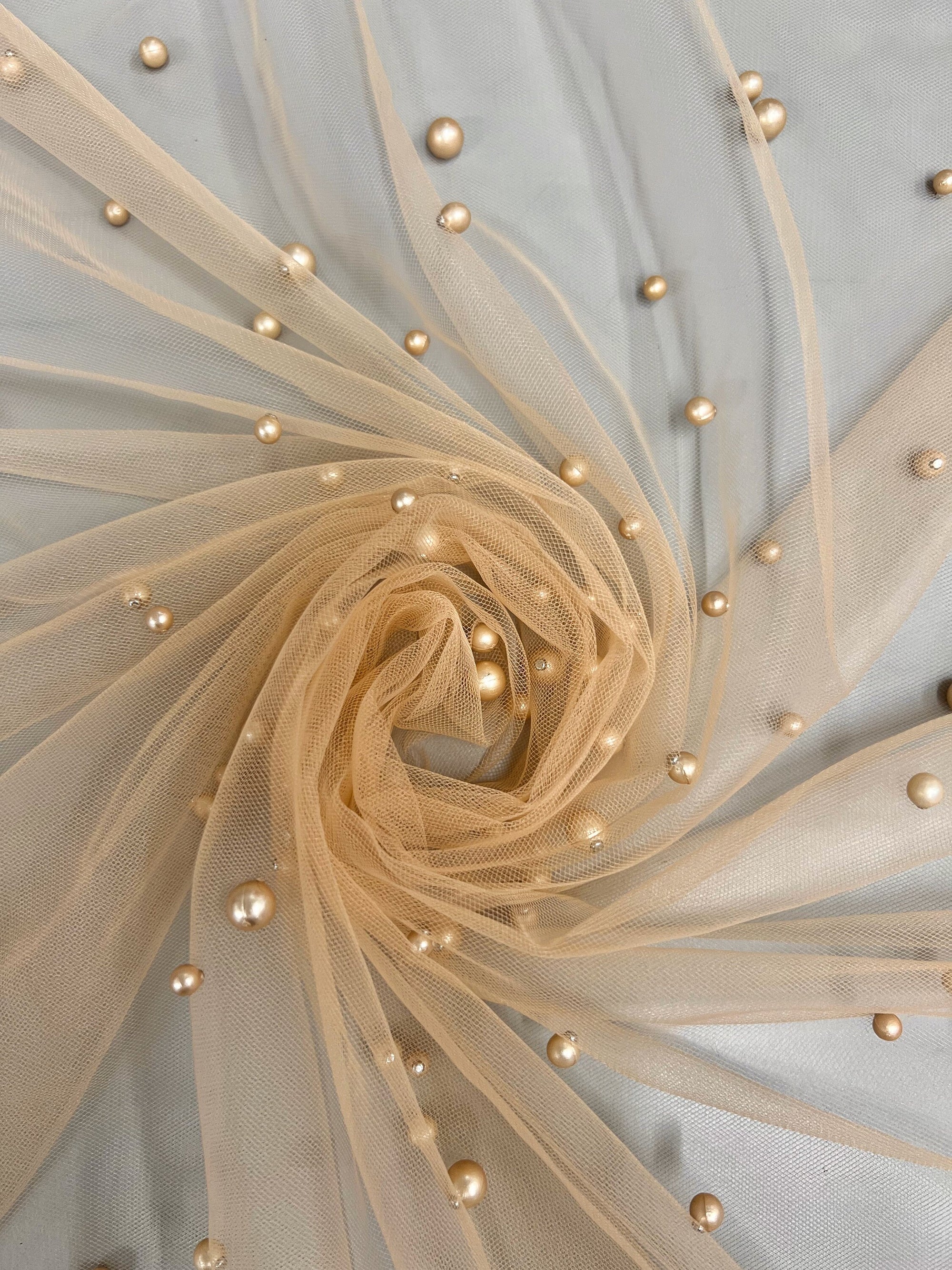 Queenie CHAMPAGNE Faux Pearls on Soft Mesh Lace Fabric for Gowns, Evening Wear, Bridal Wear, Costumes, Crafts - 10199 NewFabricsDaily