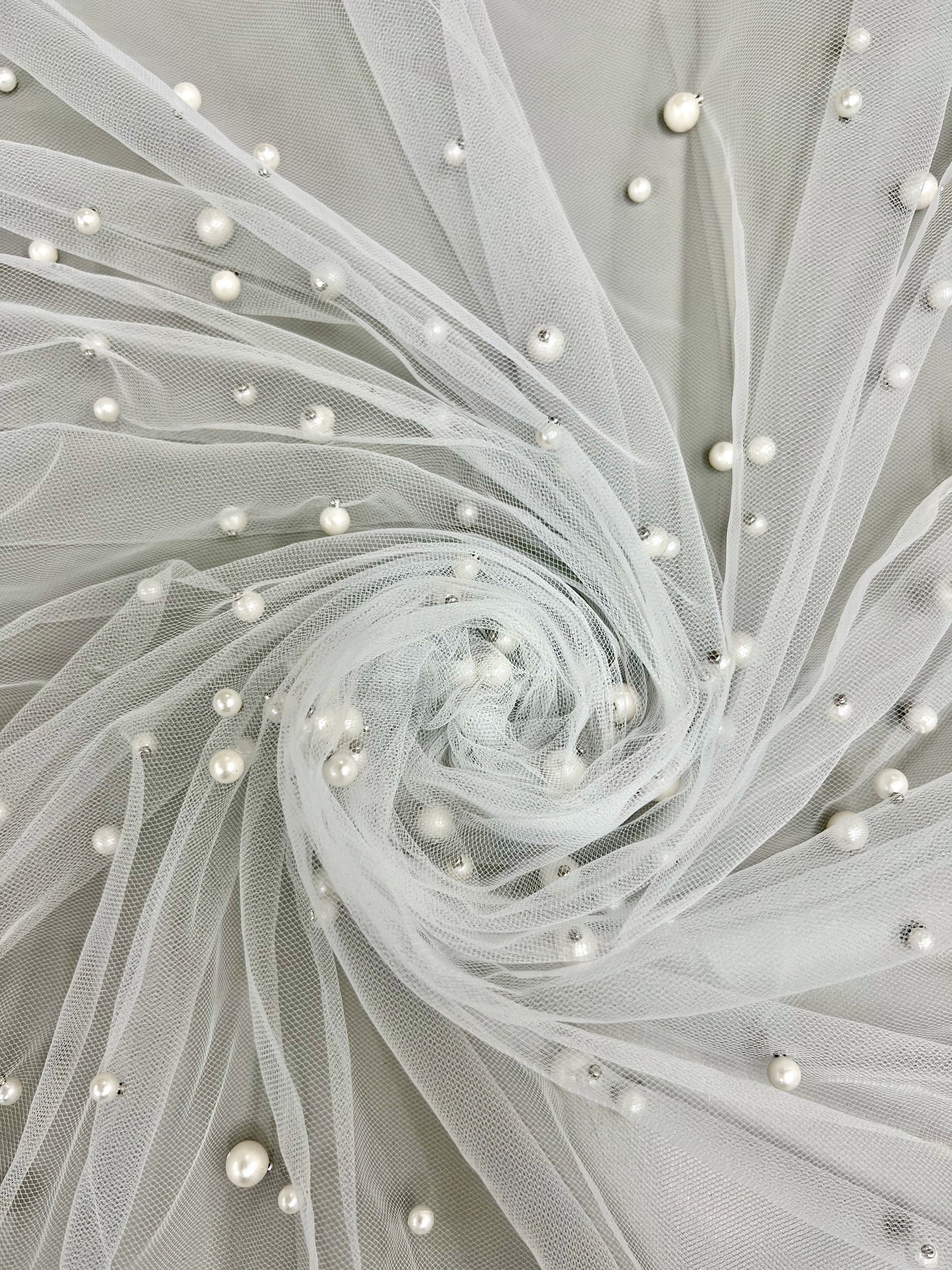 Queenie IVORY Faux Pearls on Soft Mesh Lace Fabric for Gowns, Evening Wear, Bridal Wear, Costumes, Crafts - 10199 NewFabricsDaily