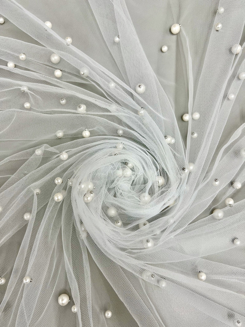 Queenie IVORY Faux Pearls on Soft Mesh Lace Fabric for Gowns, Evening Wear, Bridal Wear, Costumes, Crafts - 10199 NewFabricsDaily