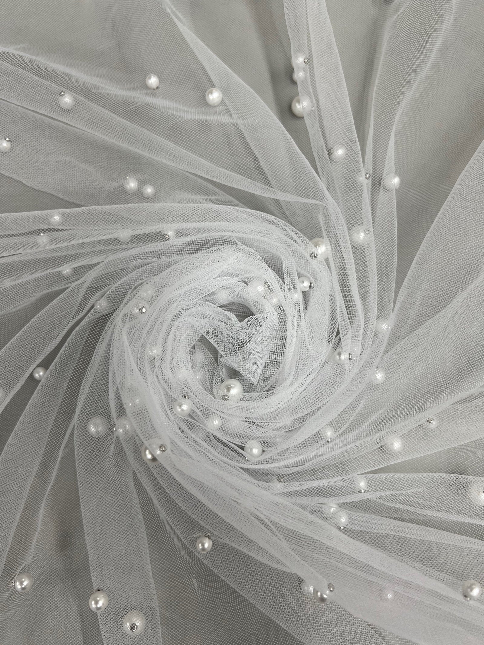 Queenie WHITE Faux Pearls on Soft Mesh Lace Fabric for Gowns, Evening Wear, Bridal Wear, Costumes, Crafts - 10199 NewFabricsDaily