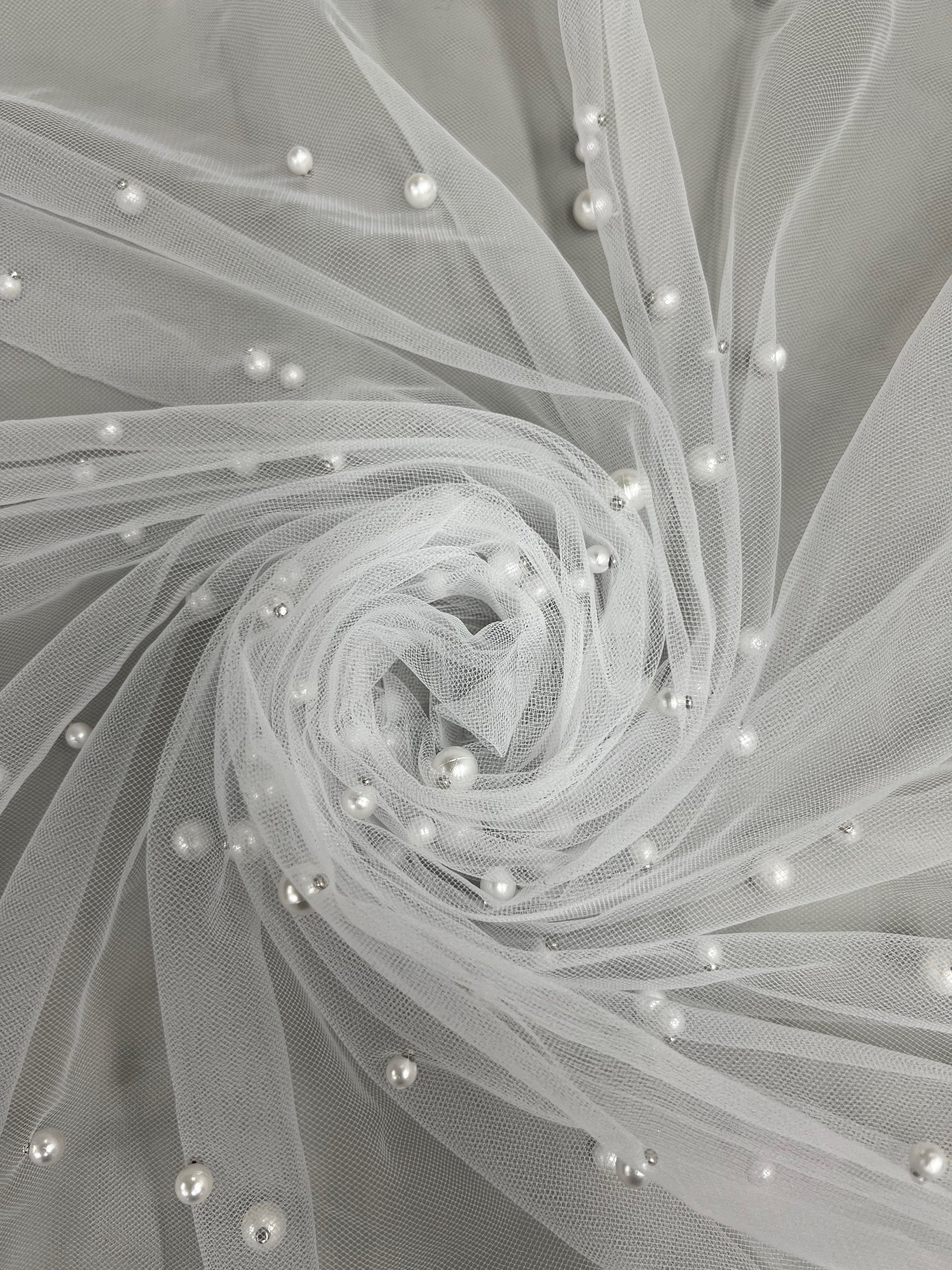 Queenie WHITE Faux Pearls on Soft Mesh Lace Fabric for Gowns, Evening Wear, Bridal Wear, Costumes, Crafts - 10199 NewFabricsDaily