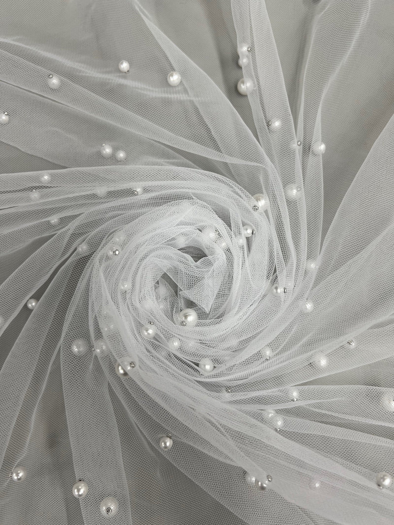 Queenie WHITE Faux Pearls on Soft Mesh Lace Fabric for Gowns, Evening Wear, Bridal Wear, Costumes, Crafts - 10199 NewFabricsDaily