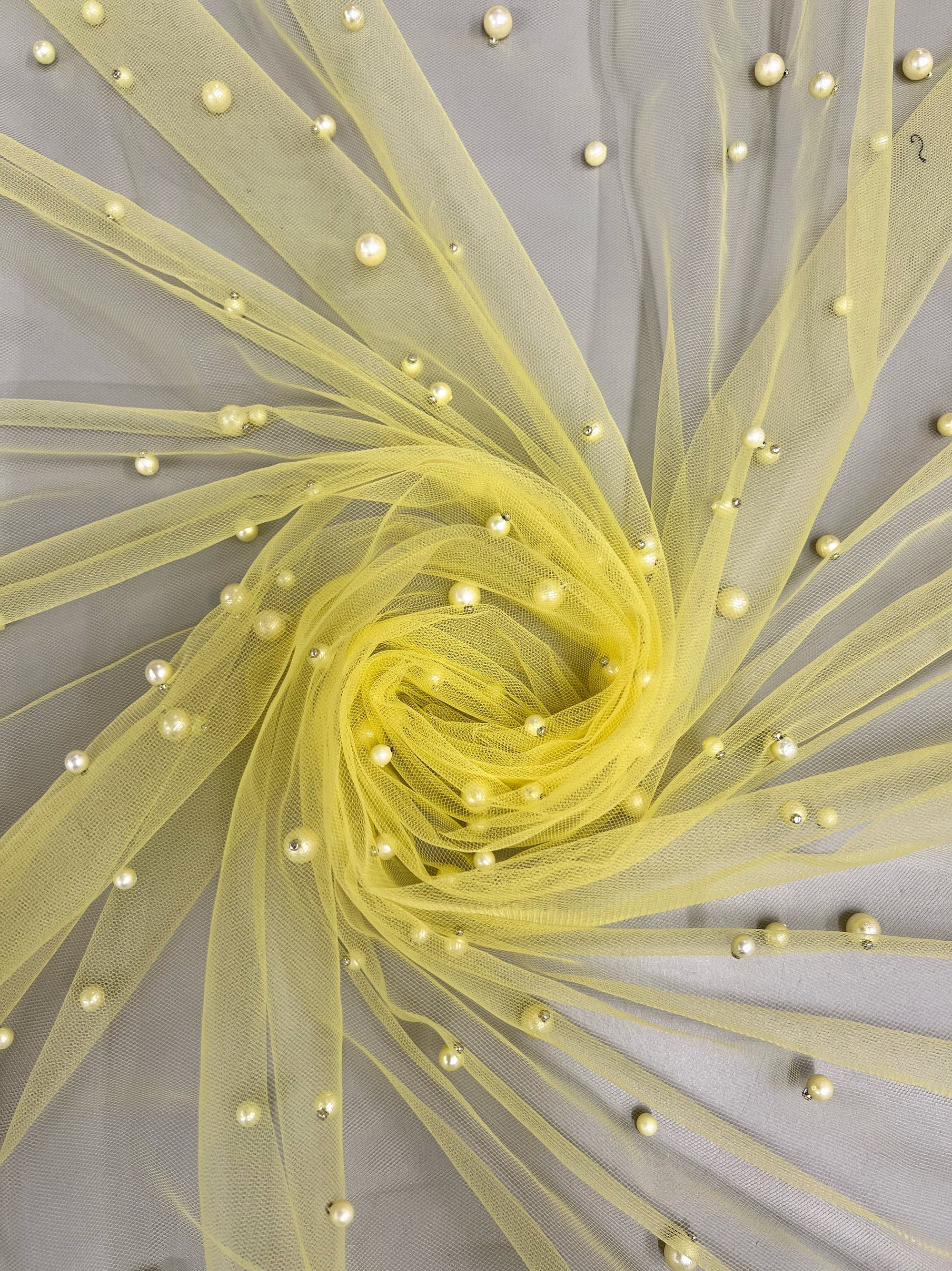 Queenie YELLOW Faux Pearls on Soft Mesh Lace Fabric for Gowns, Evening Wear, Bridal Wear, Costumes, Crafts - 10199 NewFabricsDaily