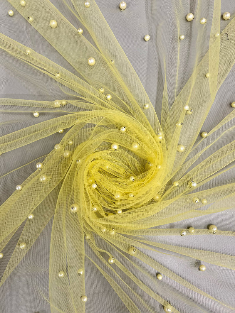 Queenie YELLOW Faux Pearls on Soft Mesh Lace Fabric for Gowns, Evening Wear, Bridal Wear, Costumes, Crafts - 10199 NewFabricsDaily