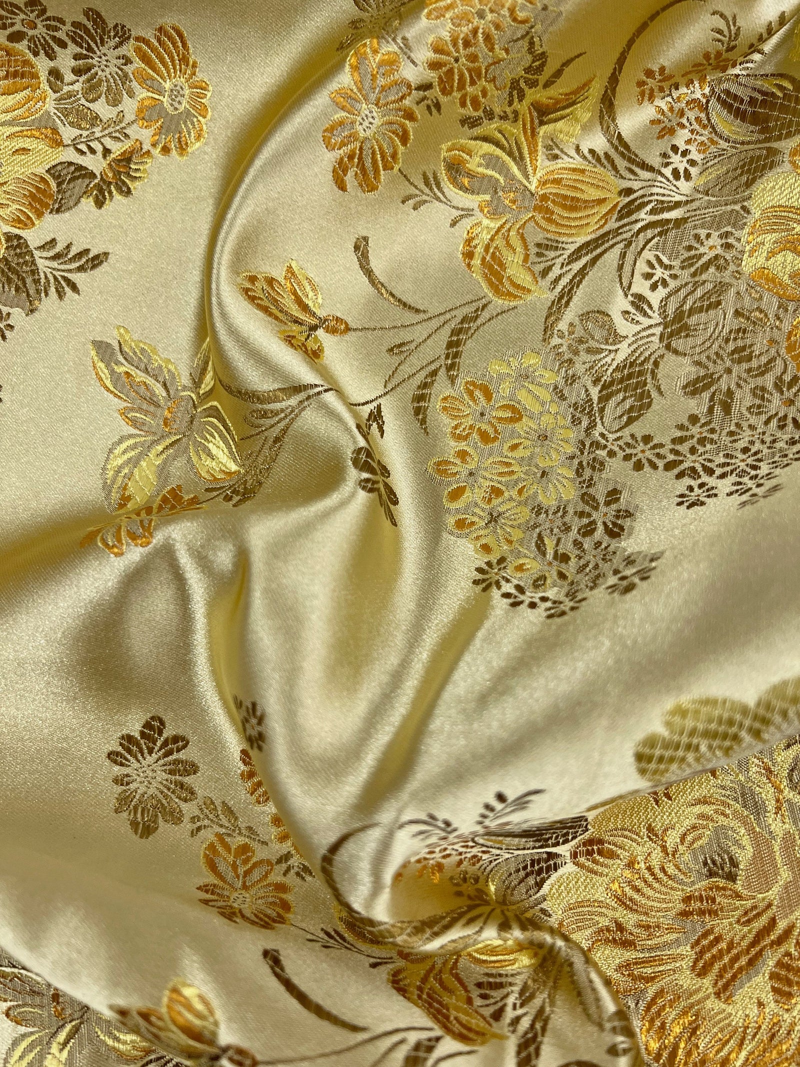 Anais GOLD Floral Brocade Chinese Satin Fabric for Cheongsam/Qipao, Apparel, Costumes, Upholstery, Bags, Crafts - 10220