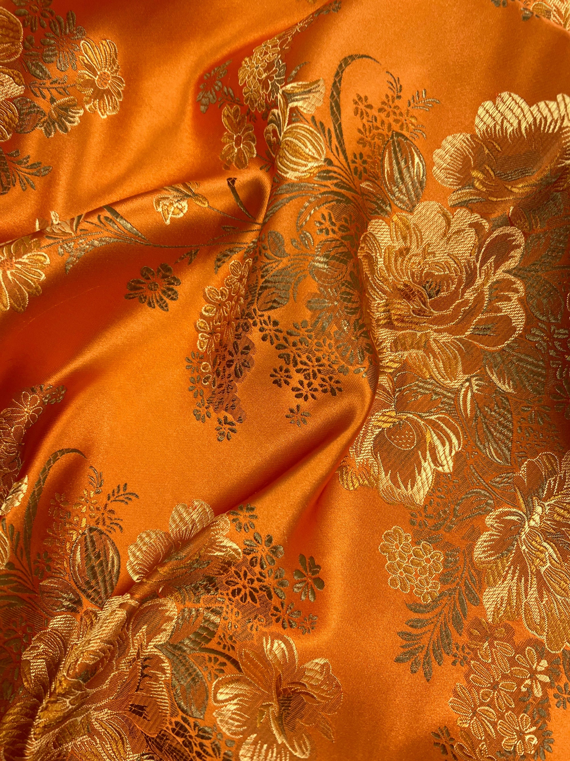 Anais ORANGE Floral Brocade Chinese Satin Fabric for Cheongsam/Qipao, Apparel, Costumes, Upholstery, Bags, Crafts - 10220