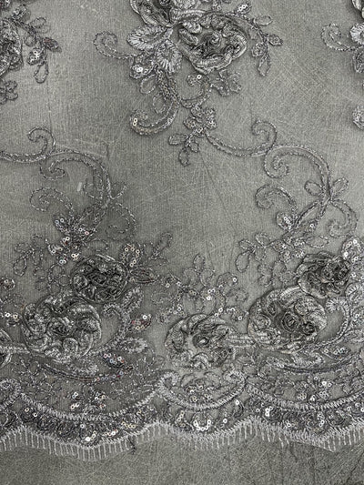 Ryleigh GREY 3D Floral Embroidery with Foil & Sequins on Mesh Lace Fabric by the Yard - 10010
