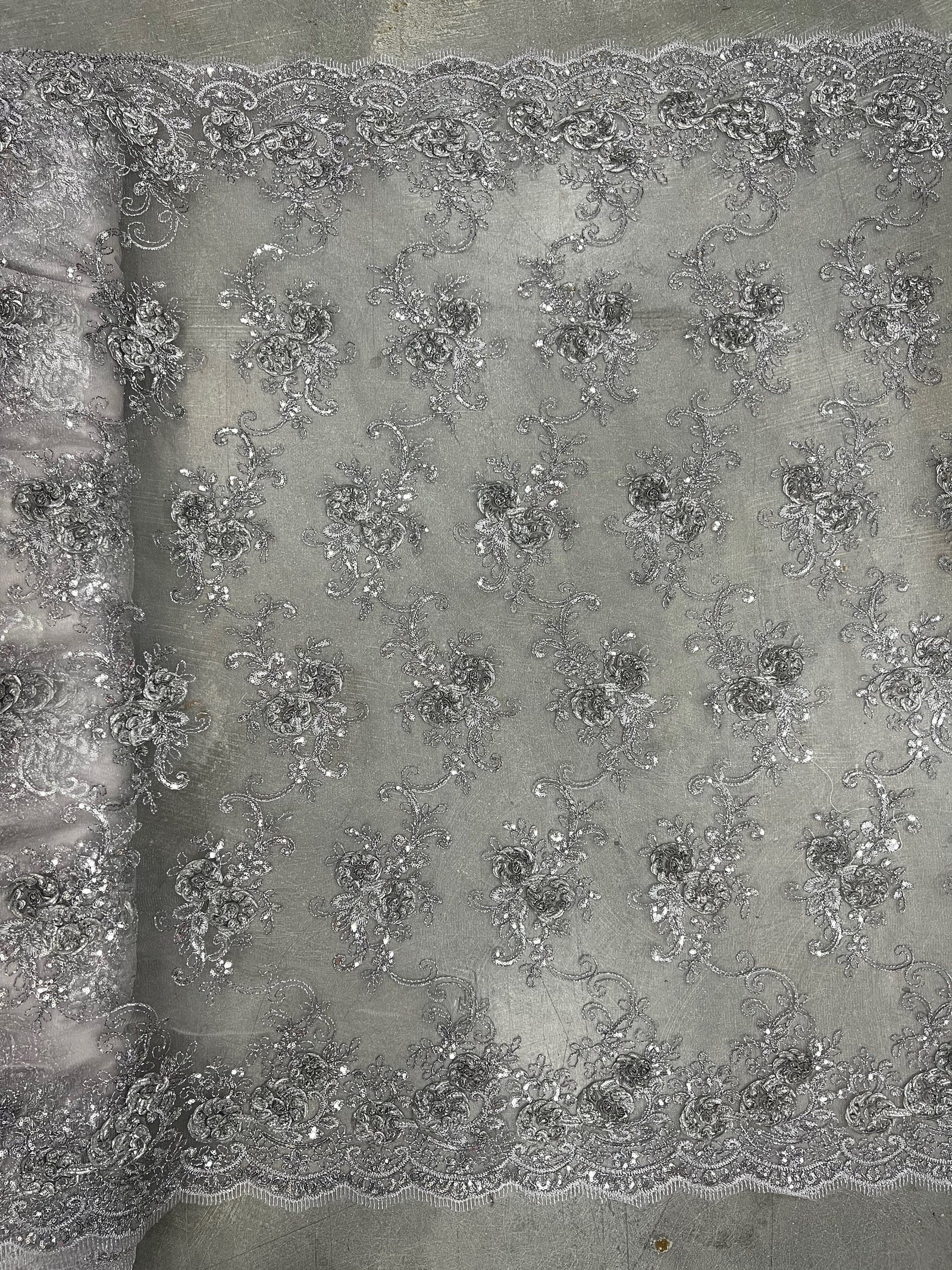 Ryleigh GREY 3D Floral Embroidery with Foil & Sequins on Mesh Lace Fabric by the Yard - 10010