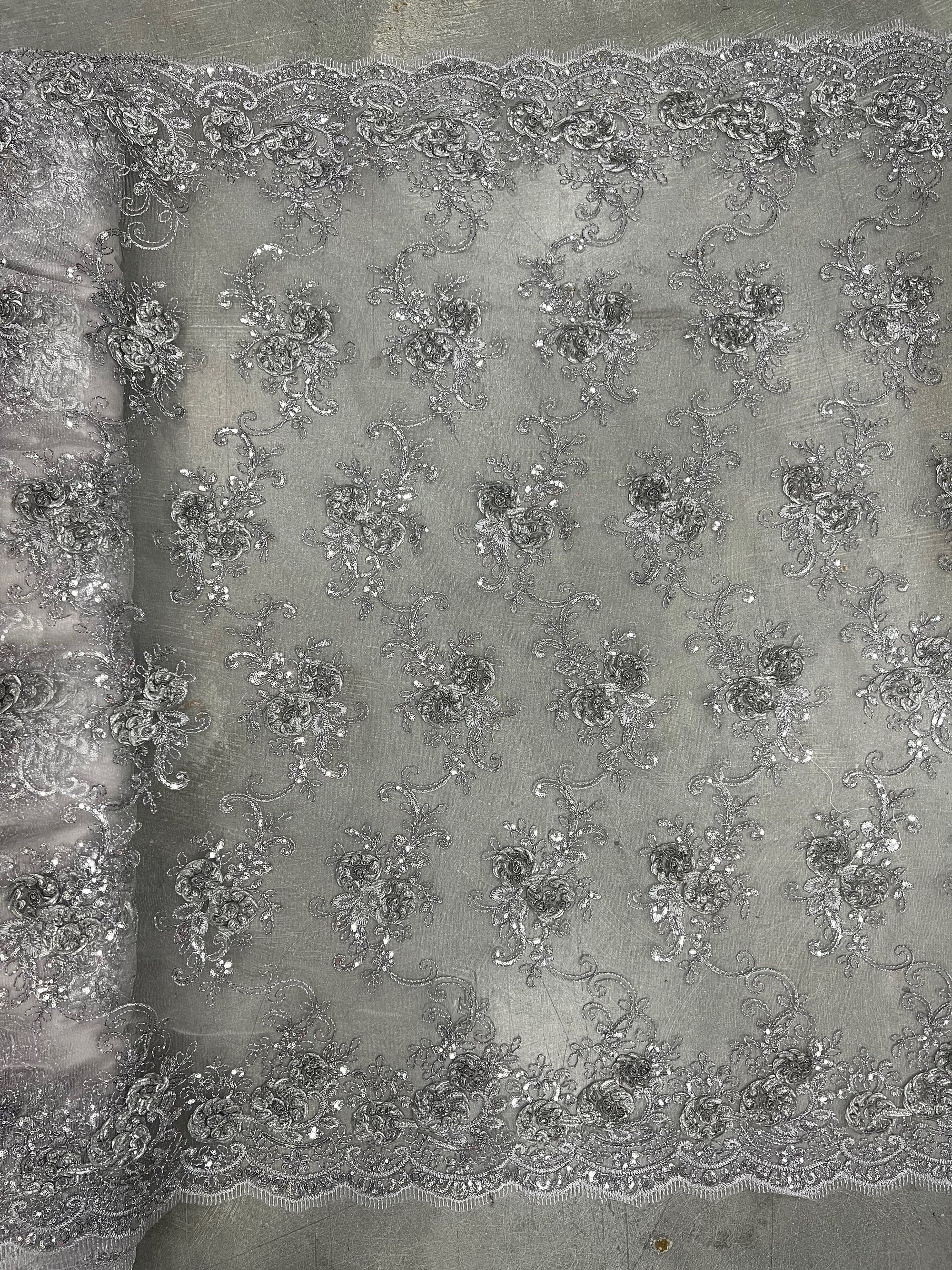 Ryleigh GREY 3D Floral Embroidery with Foil & Sequins on Mesh Lace Fabric by the Yard - 10010