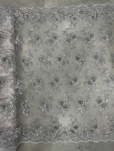 Ryleigh GREY 3D Floral Embroidery with Foil & Sequins on Mesh Lace Fabric by the Yard - 10010
