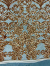 Kara GOLD Hearts and Flowers Sequins on NUDE Mesh Lace Fabric by the Yard - 10148
