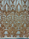 Kara GOLD Hearts and Flowers Sequins on NUDE Mesh Lace Fabric by the Yard - 10148