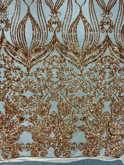 Kara GOLD Hearts and Flowers Sequins on NUDE Mesh Lace Fabric by the Yard - 10148