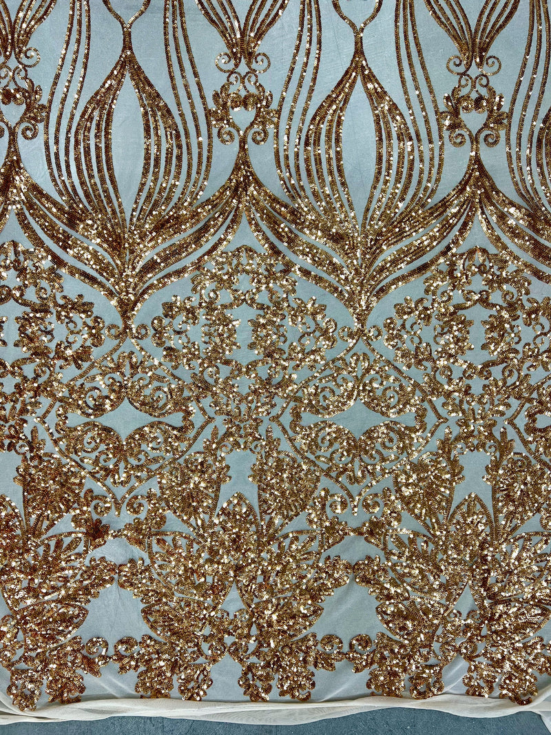 Kara GOLD Hearts and Flowers Sequins on NUDE Mesh Lace Fabric by the Yard - 10148