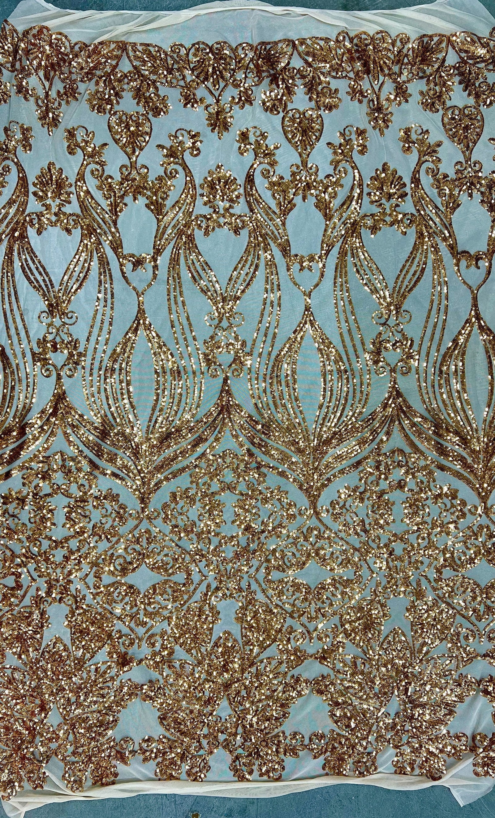 Kara GOLD Hearts and Flowers Sequins on NUDE Mesh Lace Fabric by the Yard - 10148