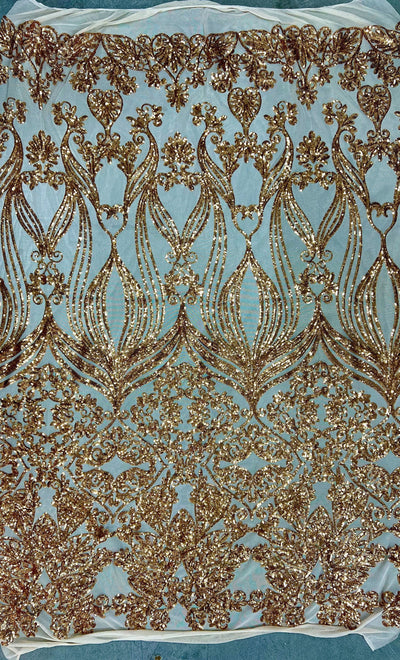 Kara GOLD Hearts and Flowers Sequins on NUDE Mesh Lace Fabric by the Yard - 10148