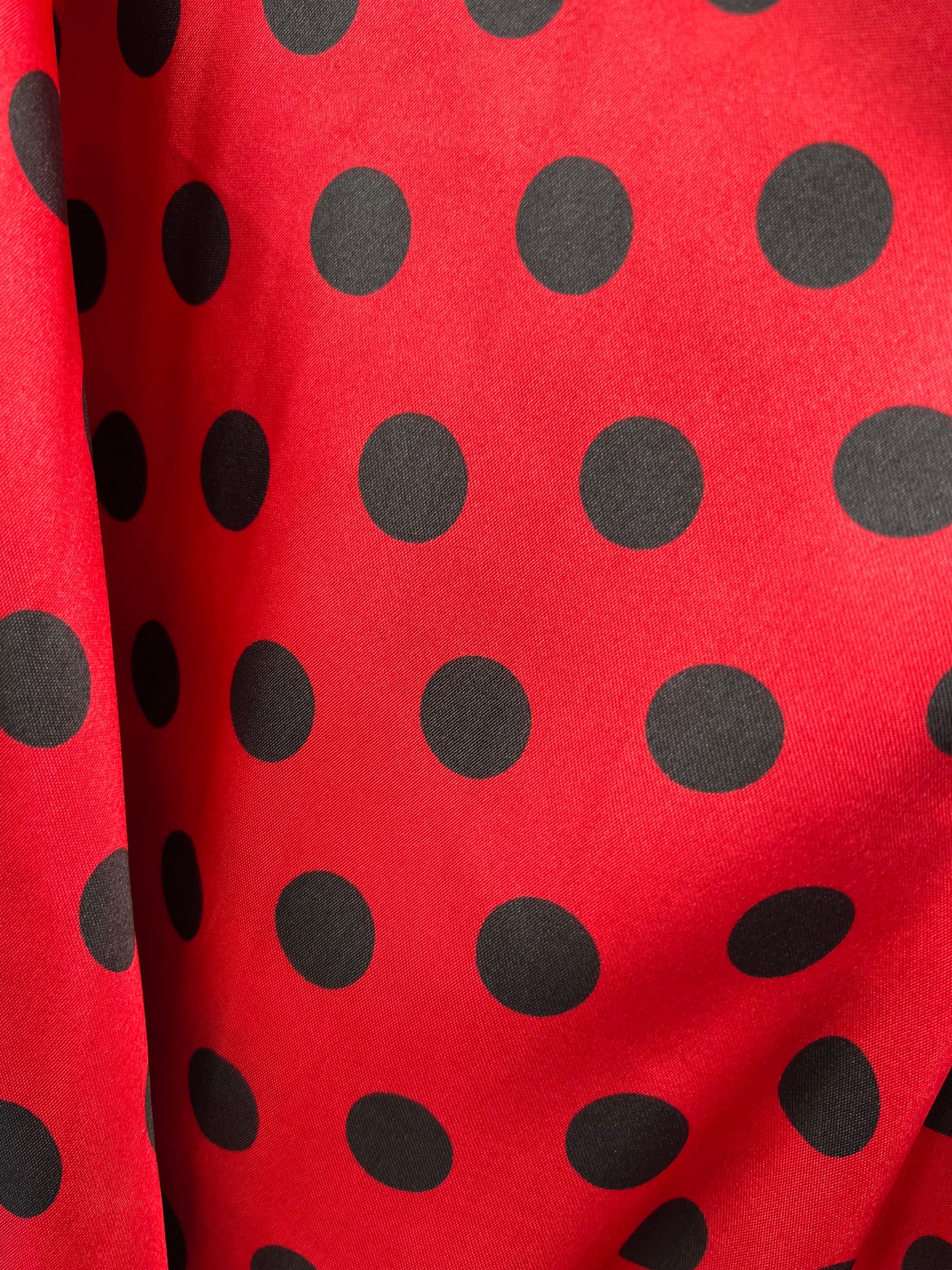 Shelby 0.75" BLACK Polka Dots on RED Polyester Light Weight Satin Fabric by the Yard - 10070