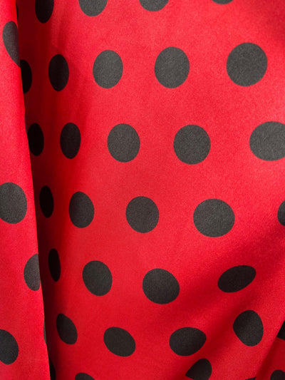 Shelby 0.75" BLACK Polka Dots on RED Polyester Light Weight Satin Fabric by the Yard - 10070